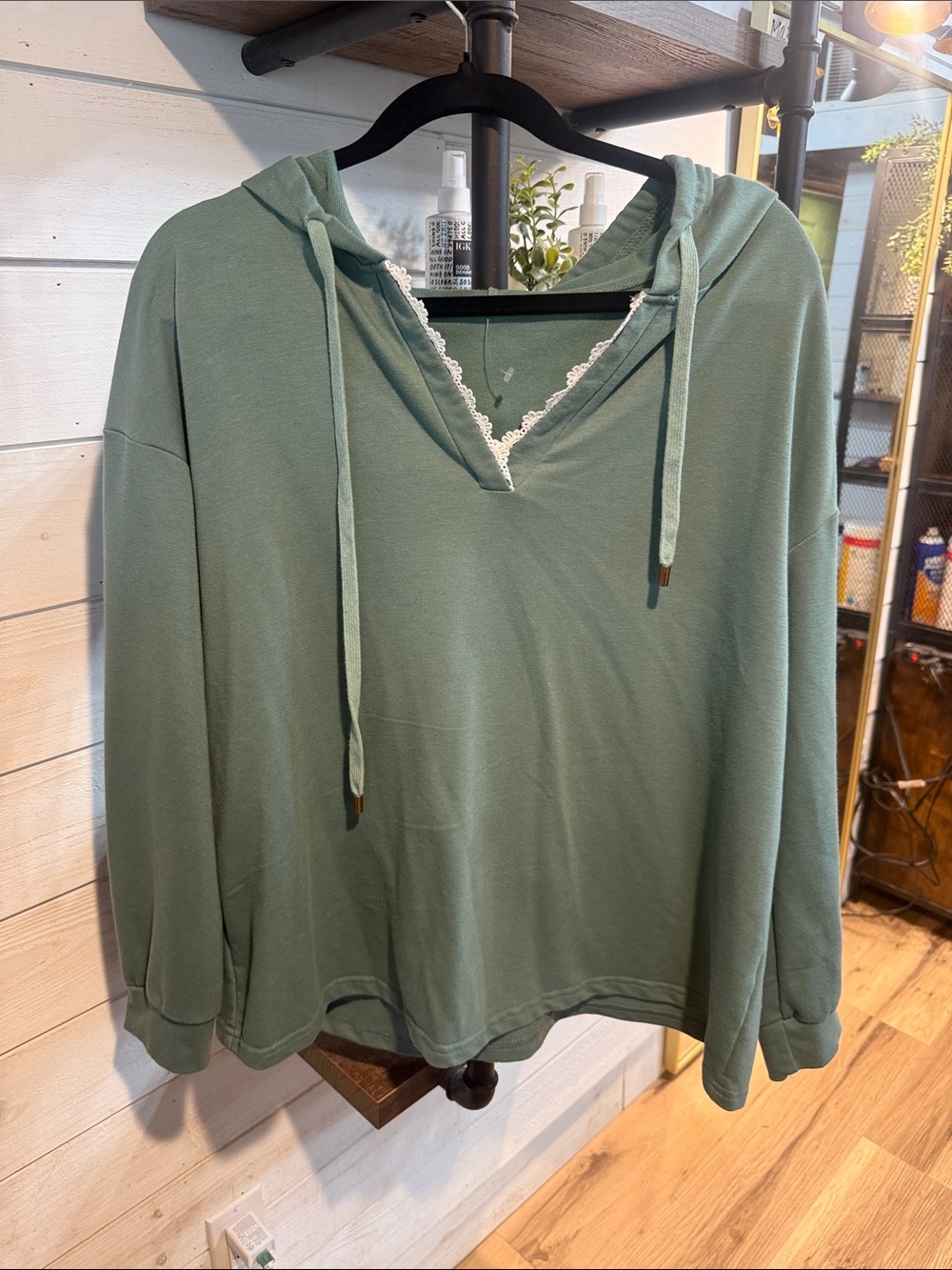 Lace-Trim Hooded Pullover in Sage Green